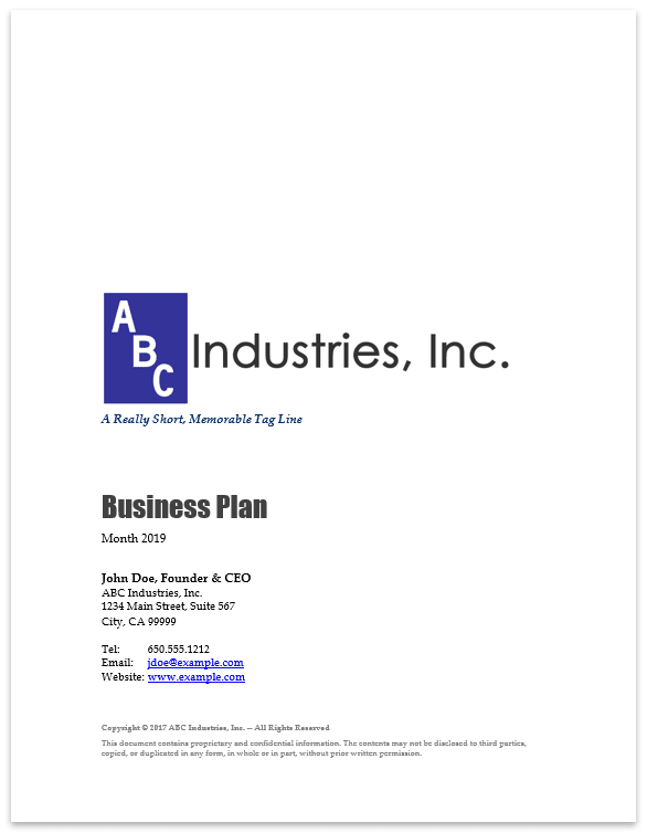 Business Plan Cover Page